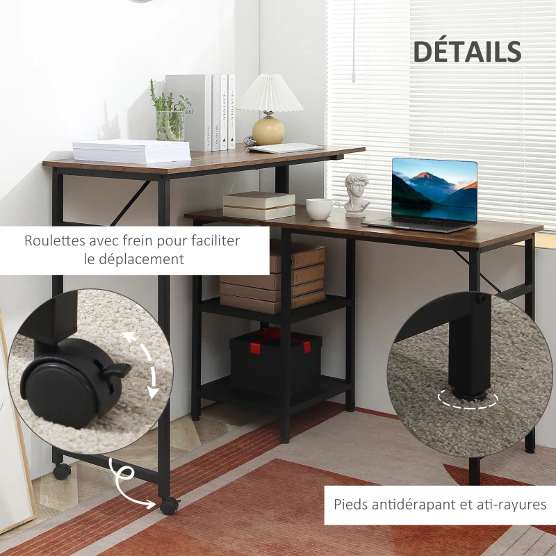 HOMCOM Bureau Informatique Design Industriel modulable Bureau d'angle 2 étagères Aspect Vieux Bois métal Noir