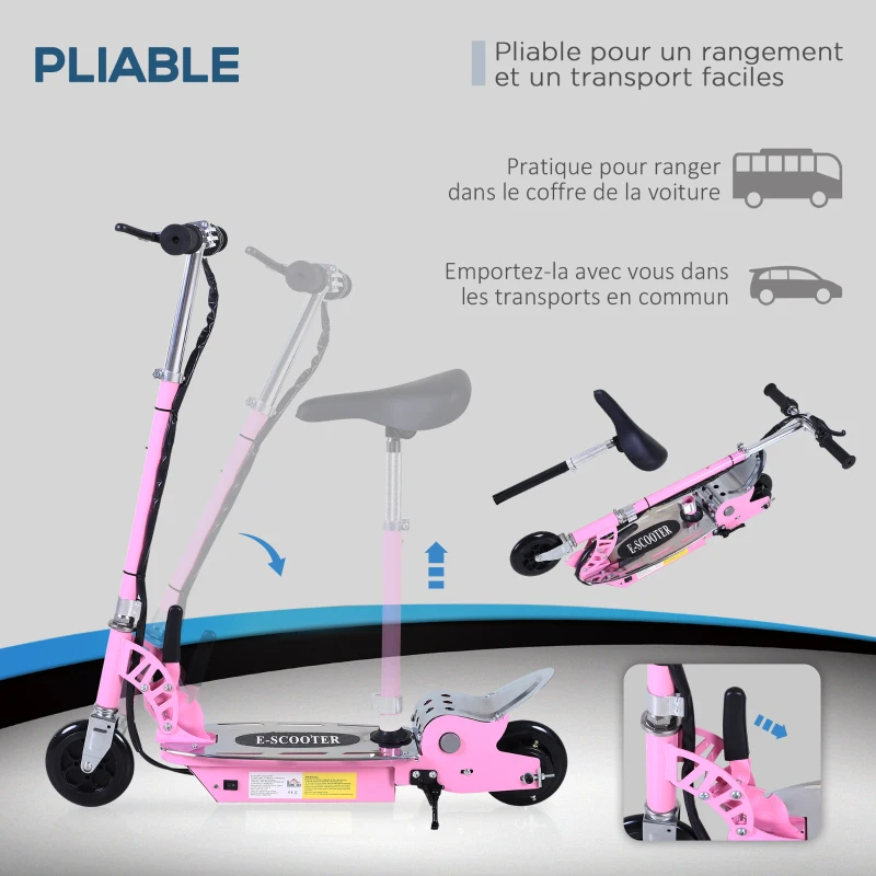 HOMCOM Trottinette électrique 120 W pliable pour enfant de 7 à 12 ans hauteur guidon et selle réglable 10 Km/h max. rose