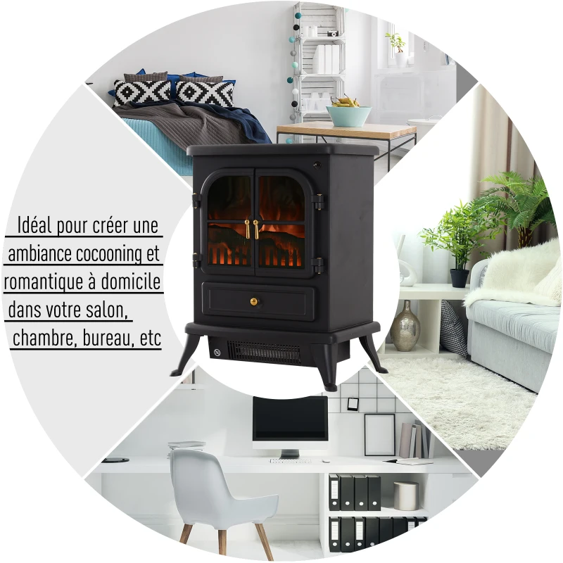 HOMCOM Cheminée électrique poêle style rétro thermostat 900-1800 W minuterie et télécommande noir