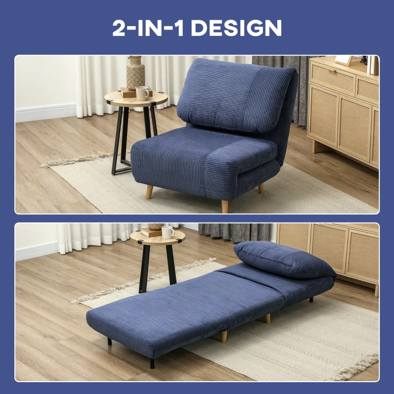 HOMCOM 2-in-1 Slaapstoel en Gastenbed met Verstelbare Hoofdsteun in Corduroy Look, 82 cm x 89 cm x 83 cm, Blauw(m-4)