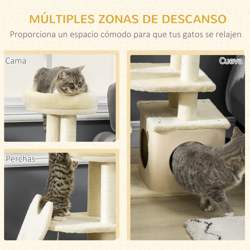 PawHut Árbol Rascador para Gatos Pequeños Altura 83cm Torre para Gatos con Cama Cueva y Bola Colgante 60x30x83 cm Beige