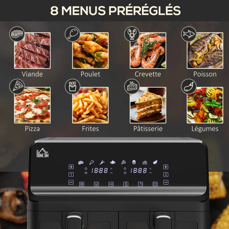 HOMCOM Friteuse à air sans huile Air Fryer double compartiment 8L 2500 W 8 programmes écran température réglable minuterie noir