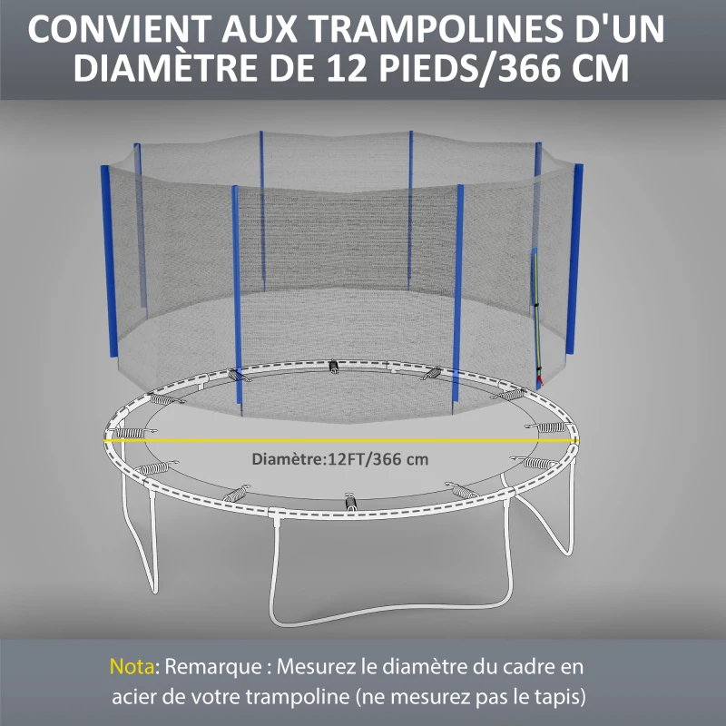 SPORTNOW Filet de remplacement pour trampolines Ø 366 cm 8 poteaux droits filet de sécurité pour trampolines, entrée zippée