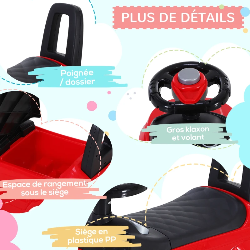 HOMCOM Porteur enfant véhicule à pousser, porteur bébé avec klaxon, compteurs factices et coffre à jouets, pour enfants de 12 à 36 mois, rouge