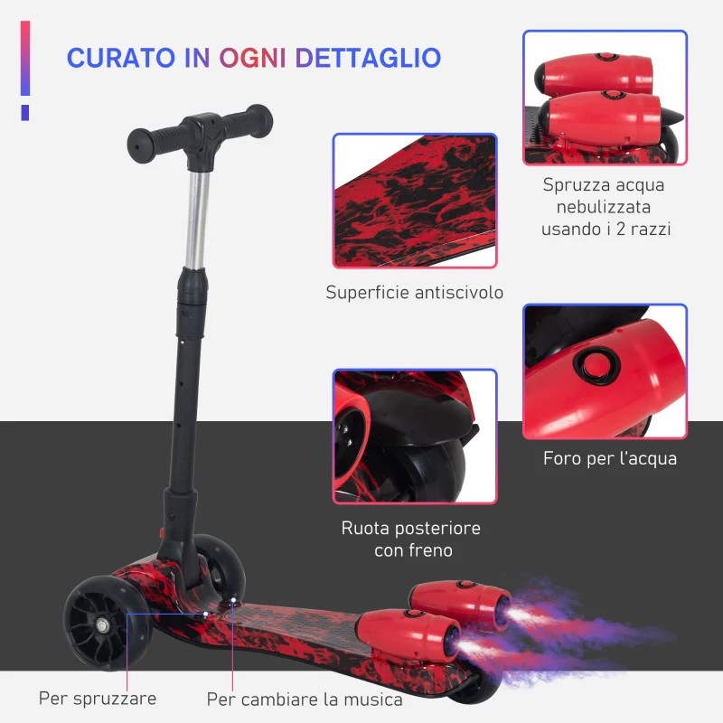 HOMCOM Monopattino a 3 Ruote per Bambini Piccoli 3-6 Anni, Pieghevole, Regolabile con Musica, Ruote Luminose e Razzi, Rosso