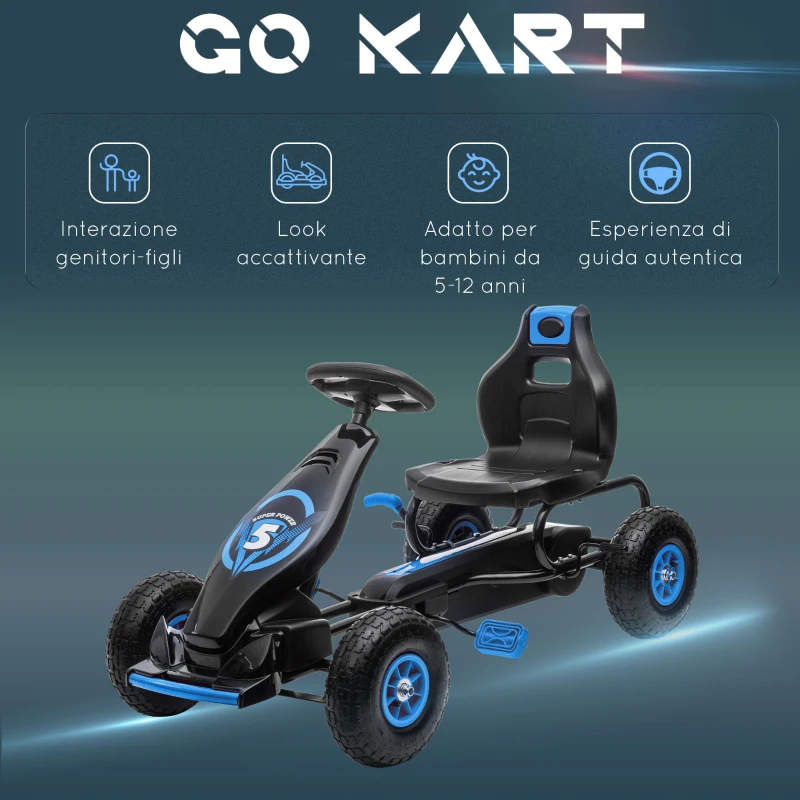 HOMCOM Go Kart a Pedali per Bambini da 5-12 Anni con Sedile Regolabile e Ruote in Gonfiabili, Blu
