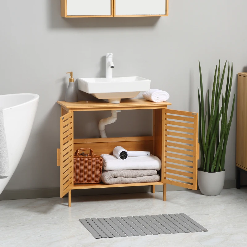 kleankin Meuble sous lavabo salle de bain en bambou meuble sous vasque 2 portes 66 x 29 x 61,5 cm