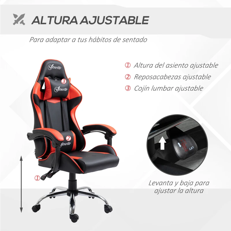Vinsetto Silla Gaming Silla Racing Giratoria con Altura Ajustable Reclinable de 135° y Cojín Lumbar 63x67x122-130 cm Rojo