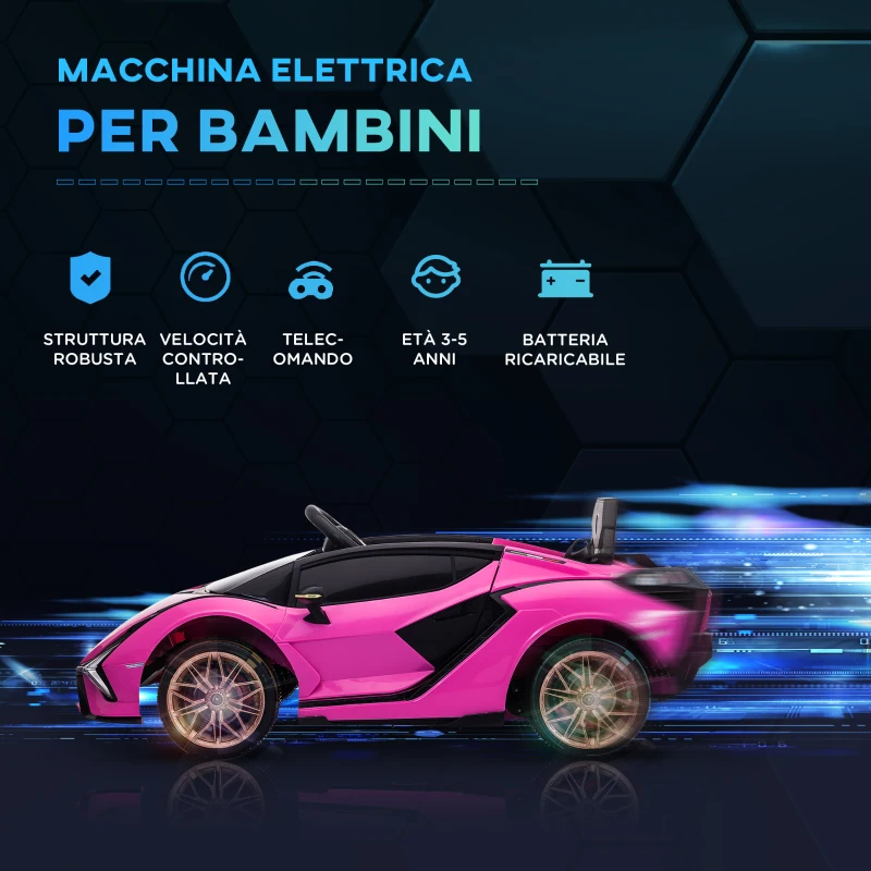HOMCOM Macchina Elettrica per Bambini 3-5 Anni Lamborghini 12V con Telecomando e Velocità 3-5km/h, Rosa