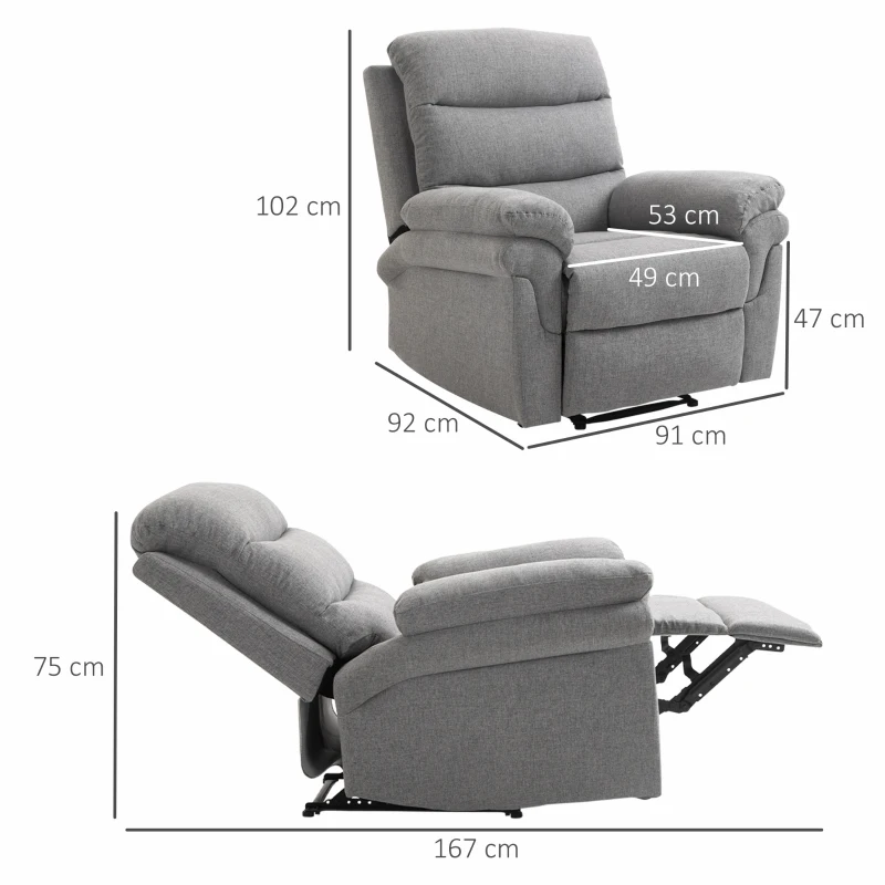 HOMCOM Fauteuil de Relaxation inclinable Manuel avec Repose-Pied Ajustable Tissu Polyester Aspect Lin Gris Clair chiné