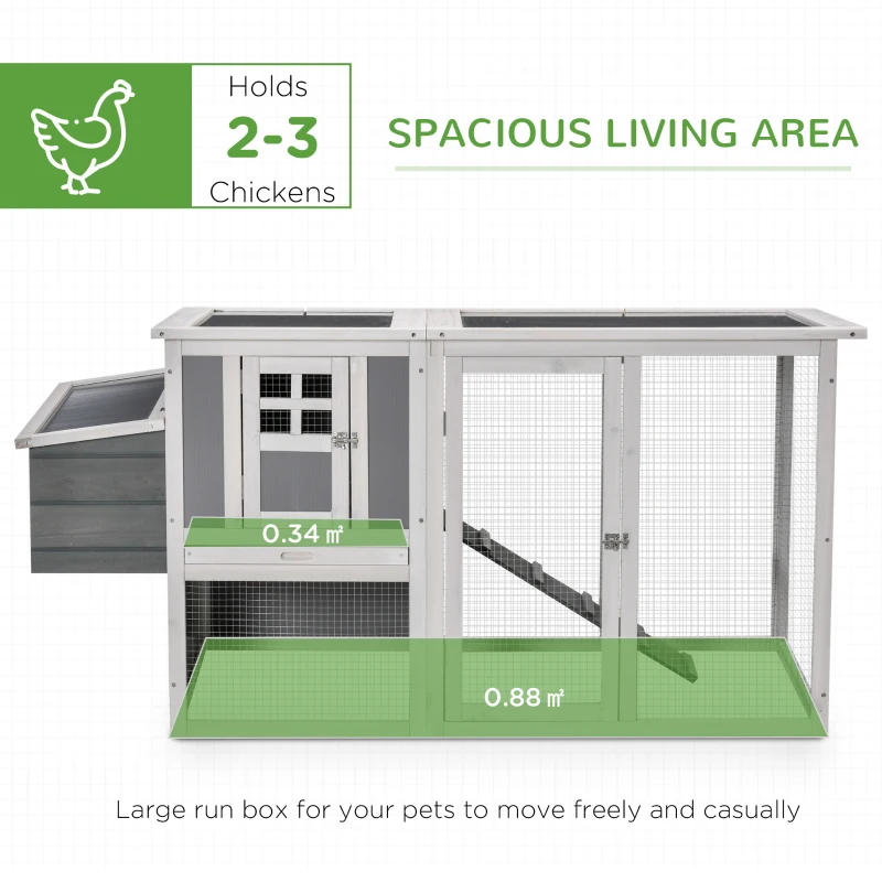 PawHut Chicken Coop with Run Rabbit Hutch Wooden Poultry Cage Hen House w/ Nesting Box Removable Tray Openable Roof Grey 162 x 76.5 x 79.5cm