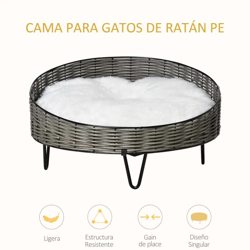 PawHut Cama para Perros Gatos de Mimbre Redonda Cesta Ratán para Mascotas Pequeños con Cojín Lavable y Patas Elevadas de Acero Ø60x32 cm Gris y Blanco