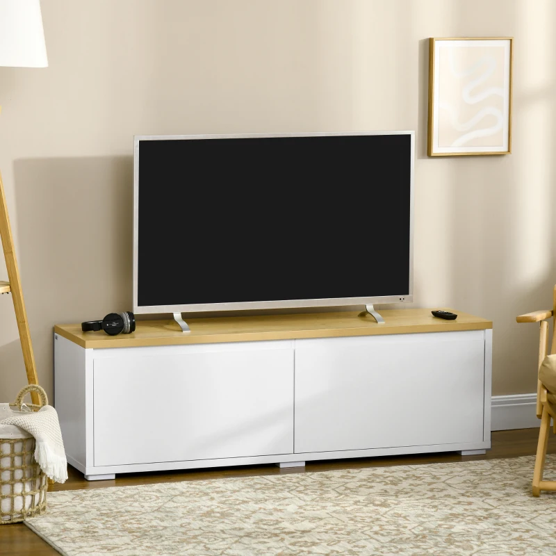 HOMCOM Mobile Porta TV fino a 65" con Armadietti e Ante a Ribalta in Truciolato, 140x37x45cm, Bianco e Color legno