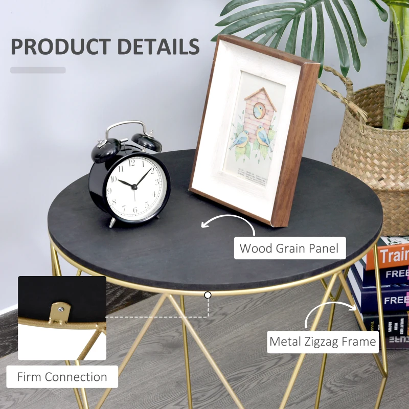 HOMCOM Round Coffee Table with Storage, Modern Sofa Side Table with Metal Frame, End Table for Bedroom, Living Room, Black and Gold, 45 x 45 x 48 cm