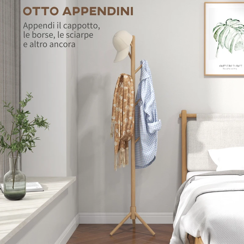 HOMCOM Appendiabiti da Terra in Legno di Abete a 8 Ganci per Casa e Ufficio, 40x40x165 cm, color Legno