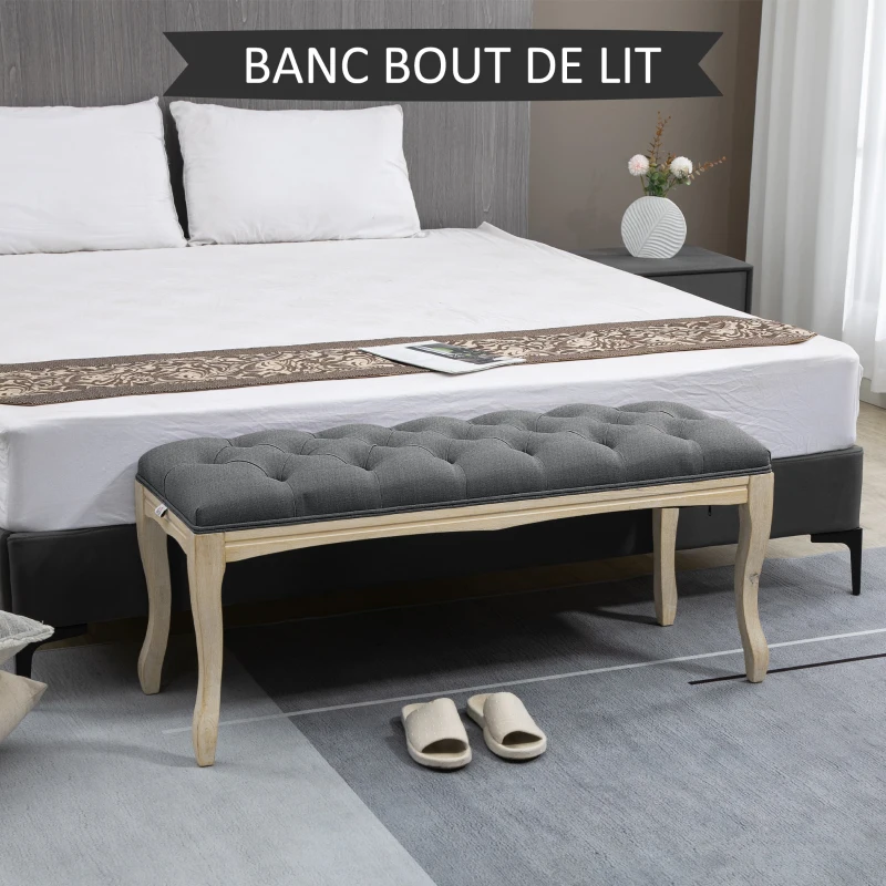 HOMCOM Banc Banquette capitonnée Style Classique 110 cm Bout de lit Rembourrée en lin piètement Bois hévéa sculpté Lin Gris
