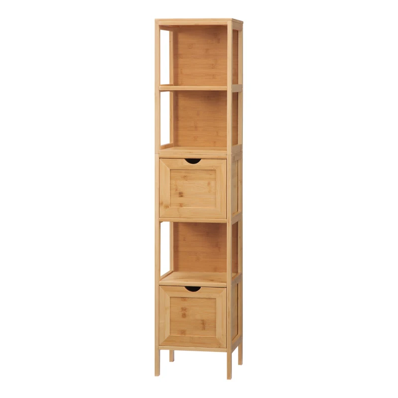 kleankin Badezimmerschrank, 3 Regale, 2 Schubladen, Bambus, 30 cm x 30 cm x 140 cm, Natur