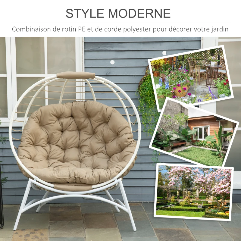 Outsunny Fauteuil cocon œuf sur pied pliant 118 x 75 x 142 cm avec coussin beige inclus métal résine blanc et beige
