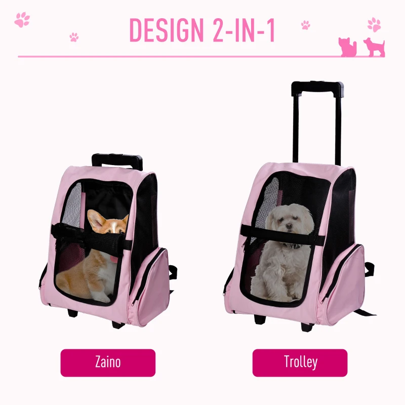 PawHut Trasportino Zaino 2 in 1 per Cani e Gatti con Tasche Laterali, Maniglia Telescopica e Ruote, 42x25x55cm, Rosa