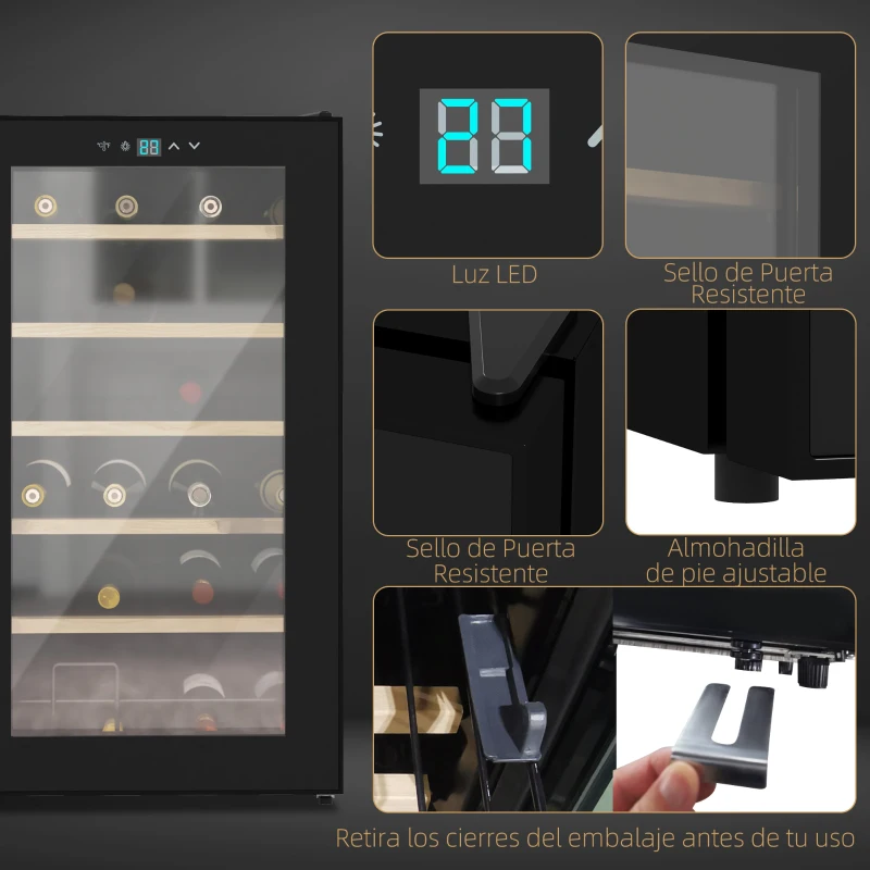 HOMCOM Nevera Vinos 24 Botellas 65L con Luz LED Interior Pantalla Táctil Puerta de Vidrio y 5 Estantes de Metal Negro