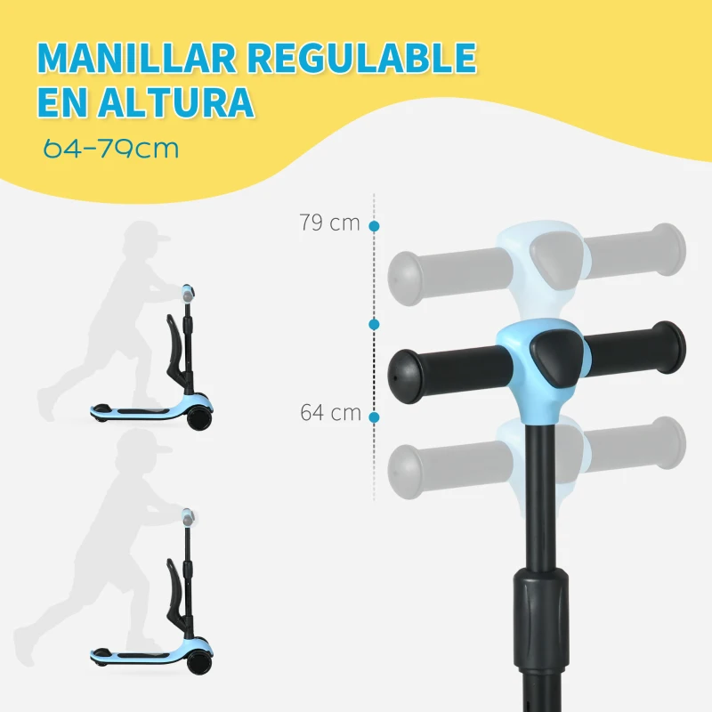 AIYAPLAY Patinete para Niños 2 en 1 con Altura Ajustable Ruedas Brillantes para +18 Meses Carga 50 kg 58x31x64-79cm Azul