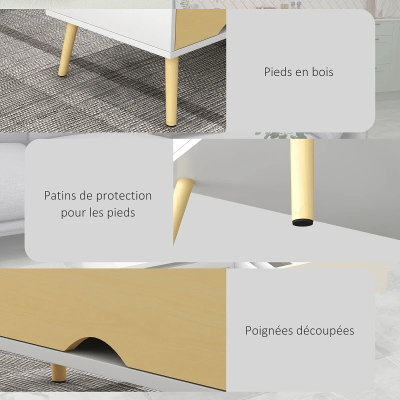 HOMCOM Table basse de salon rectangulaire avec 2 tiroirs et 1 compartiment ouvert 90 x 48 x 39 cm blanc et naturel