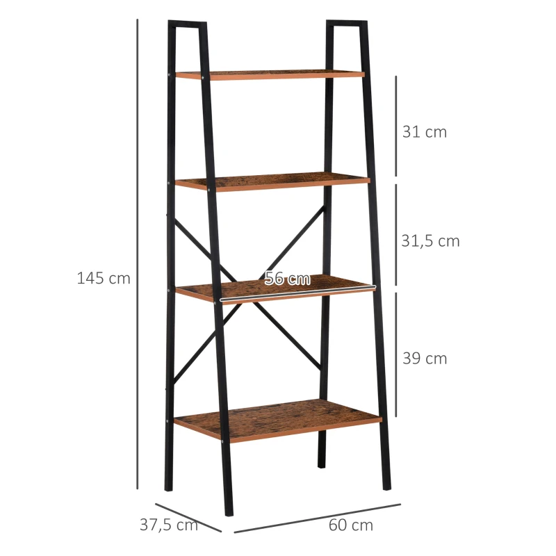 HOMCOM Estantería de Escalera Estantería Industrial Librería con 4 Estantes para Libros para Salón 60x35x145 cm Marrón Rústico