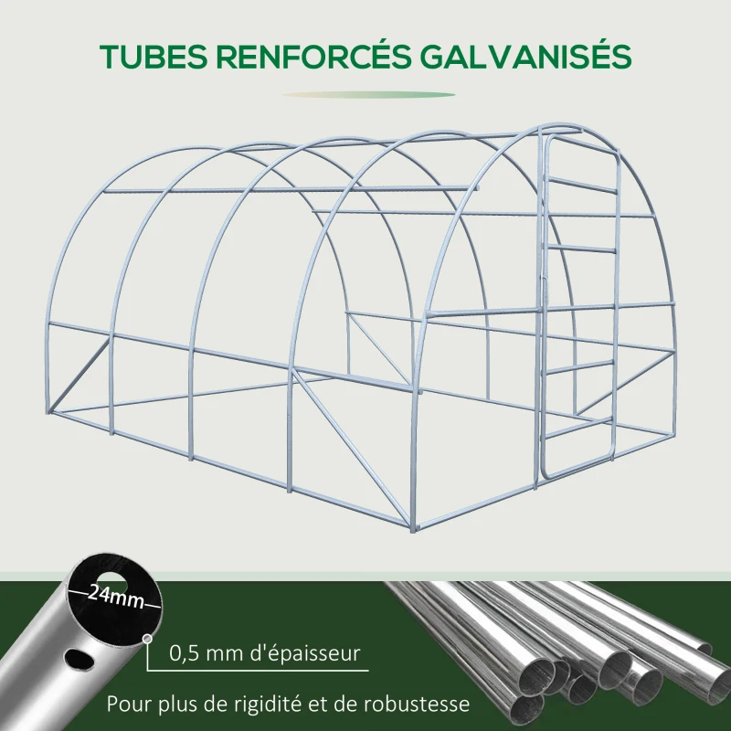 Outsunny Serre de Jardin Tunnel 12 m² 4L x 3l x 2H m Acier galvanisé renforcé + PE Haute densité fenêtres Porte Vert