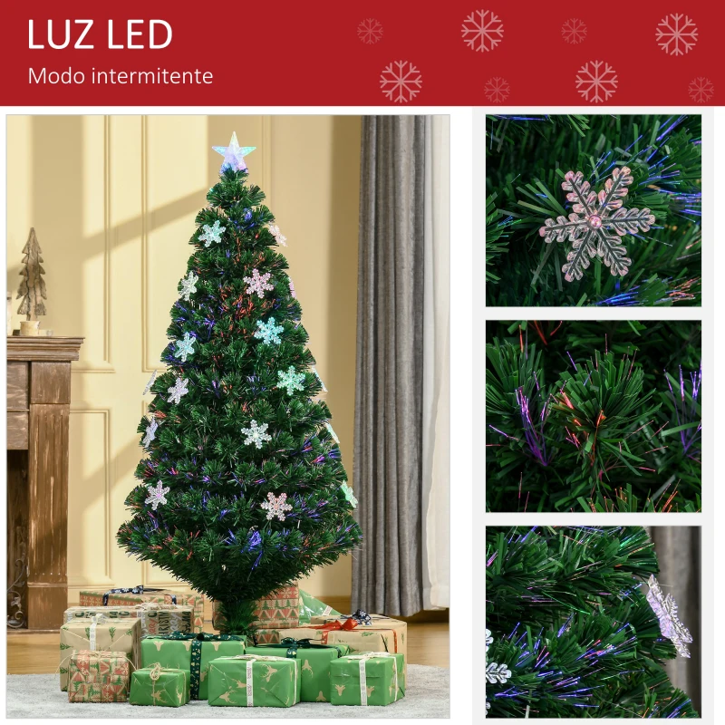 HOMCOM Árbol de Navidad Artificial 150cm con Luces LED Copos de Nieve y Fibra Óptica Decoración Navideña con Luces Multicolor