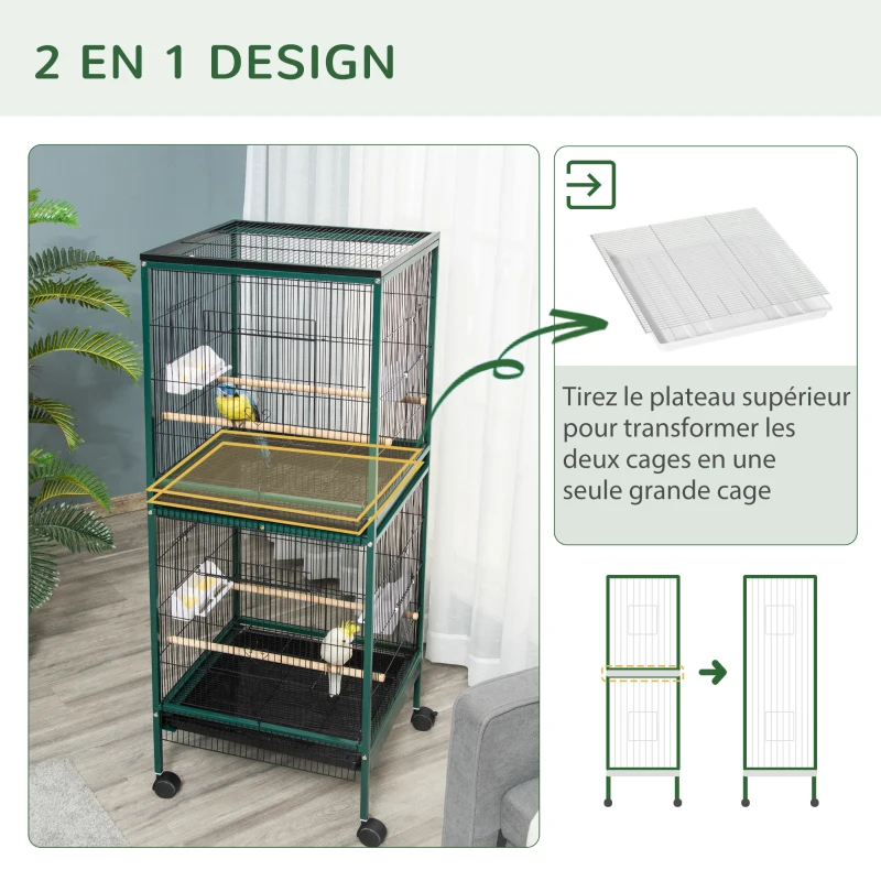 PawHut Grande Cage à Oiseaux sur pied double avec mangeoires perchoirs plateau amovible roulettes - Dim. 51,5L x 50l x 140H cm