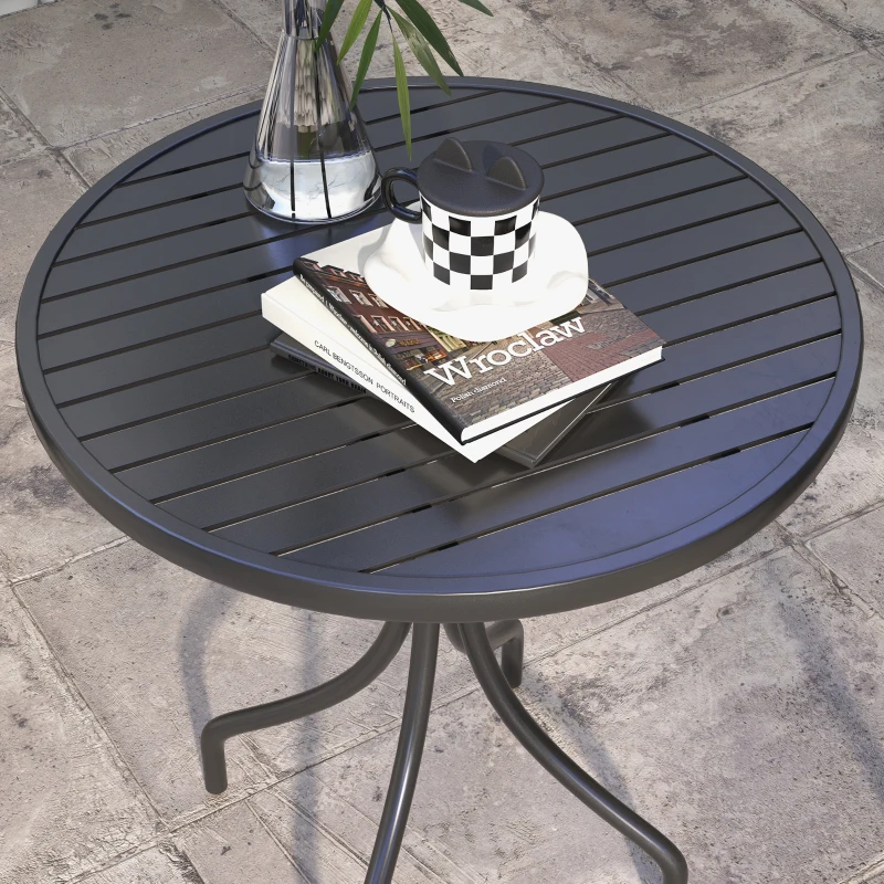 Outsunny Table de jardin ronde Ø66cm, table d'exterieur en acier galvanisé avec plateau à lattes pour terrasse, balcon, noir