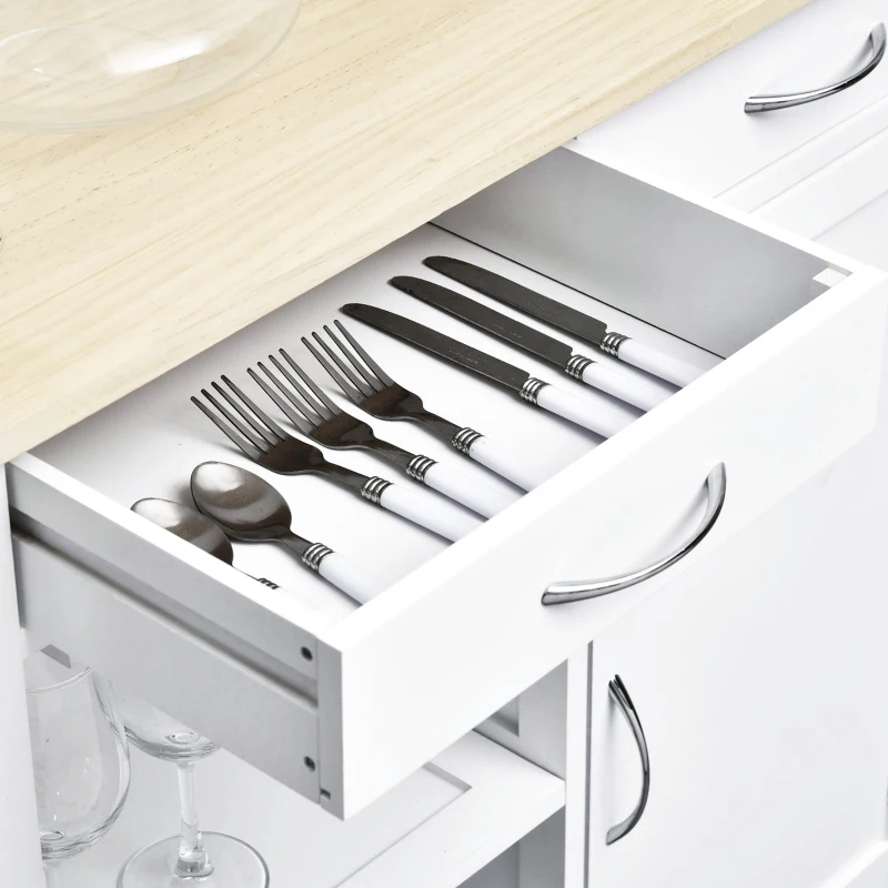 HOMCOM Kitchen Storage Trolley Cart Cupboard Rolling Wheels Shelves Cabinet Island W/ Drawers Towel Rail Wine Glass Rack Pine Wood Worktop  White