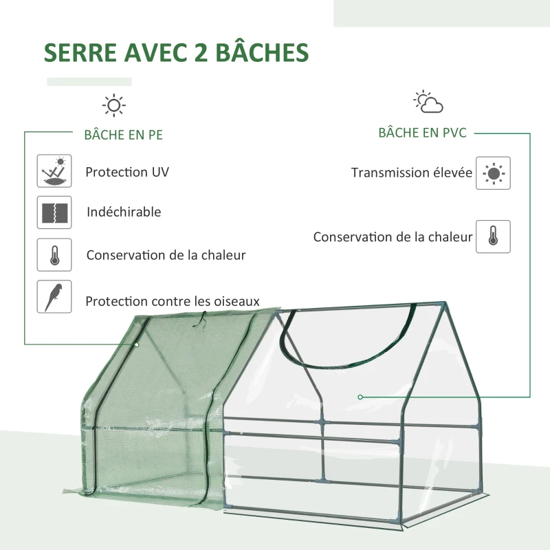 Outsunny Mini Serre de Jardin Serre à tomates mini serre tunnel Double bâche toit pointu 180L x 90l x 90H cm Acier PE PVC 2 fenêtres avec Zip enroulables Vert