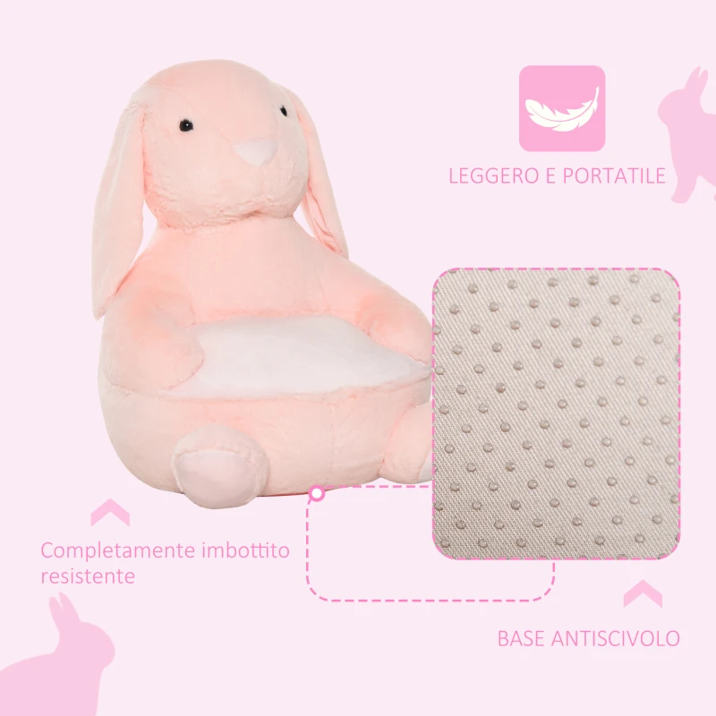 HOMCOM Poltroncina per Bambini Forma a Coniglio in Peluche con Base Antiscivolo, Arredamento Cameretta Rosa, 60x50x59cm