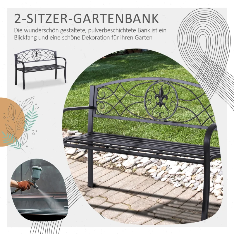 Outsunny 2-Sitzer Sitzbank Gartenbank mit Armlehnen Metallbank Bank Landhausstil Metall Schwarz 129 x 50 x 91 cm
