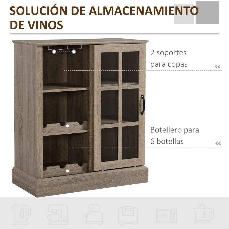 HOMCOM Aparador de Cocina Moderno con Puerta de Vidrio Soporte para 6 Copas y Botellero 79x39x92 cm Café