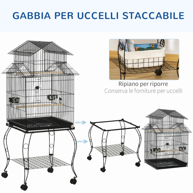 PawHut Gabbia per Uccelli da Interni in Legno con Vassoio, 4 Ruote e Trespolo, 50x49x137cm