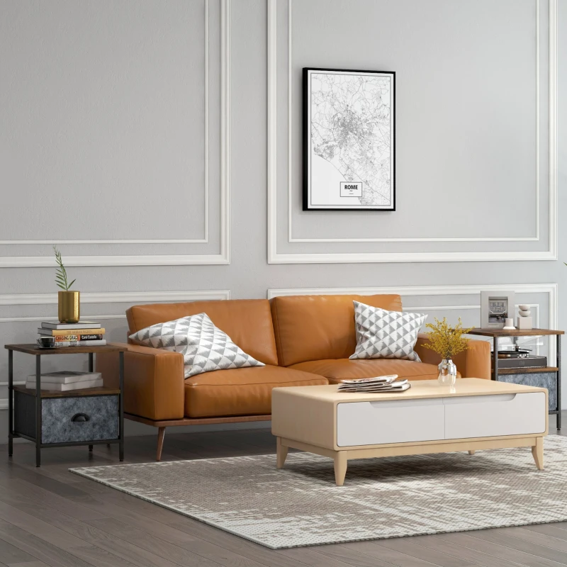 HOMCOM Set of 2 Bedside Table, Nightstand with Non-Woven Fabric Drawer, Side Table, End Table for Living room, Bedroom, Rustic Brown