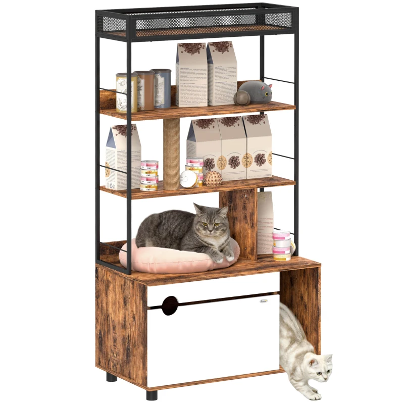 PawHut Katzentoilette mit 3-Ebenen-Regal und Kratzpfosten, geschlossenes Katzenklo, 80 x 48 x 152 cm, Braun(m-10)