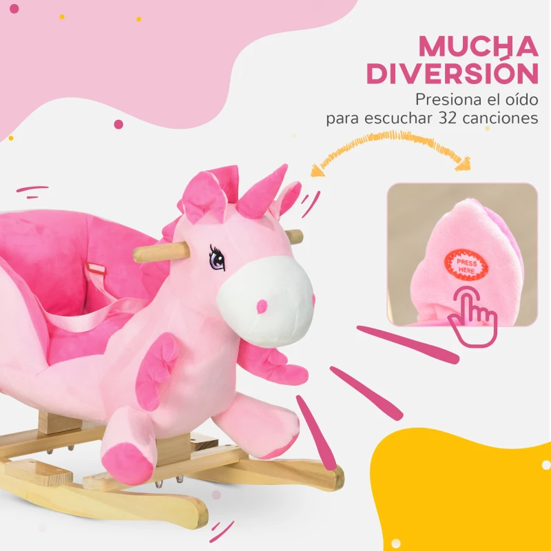 HOMCOM Caballito Balancín Infantil en Forma de Unicornio con Música Cinturón de Seguridad Manillar y Reposapiés 65x35x45cm Rosa
