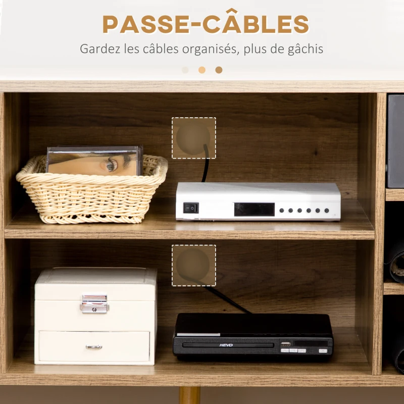 HOMCOM Meuble TV jusqu'à 50 pouces avec 4 compartiments 4 tiroirs 2 passe-câbles et 1 placard pieds épingles métal noir