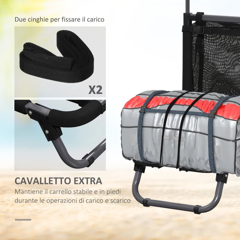 SPORTNOW Carrello da Spiaggia Pieghevole con Tasca in Rete, Manico Telescopico e Cavalletto, 82x67x81 cm