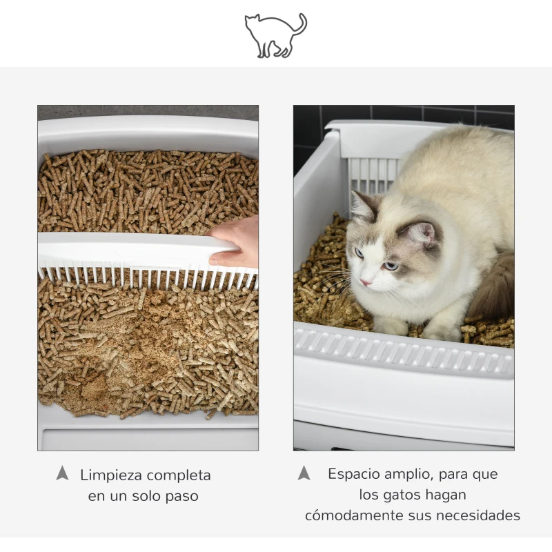 PawHut Bandeja Higiénica para Gatos Arenero Abierto con Botón Pala Bandeja Extraíble y Bordes Altos 62x46,5x19,5 cm Blanco