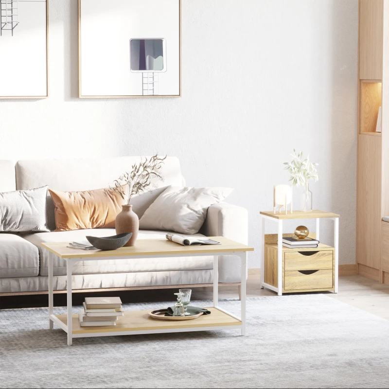 HOMCOM Mesa Auxiliar con 2 Cajones y Estantes de Almacenamiento Mesita de Noche con Marco de Metal 40x35x49 cm Natural