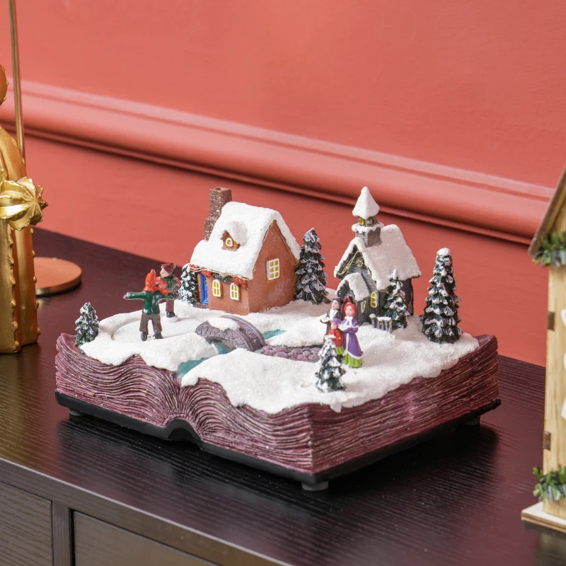 HOMCOM Pueblo Navideño Escena Navideña con Luces y Música Patinadores Giratorios Decoración de Navidad 23x18x15 cm Multicolor