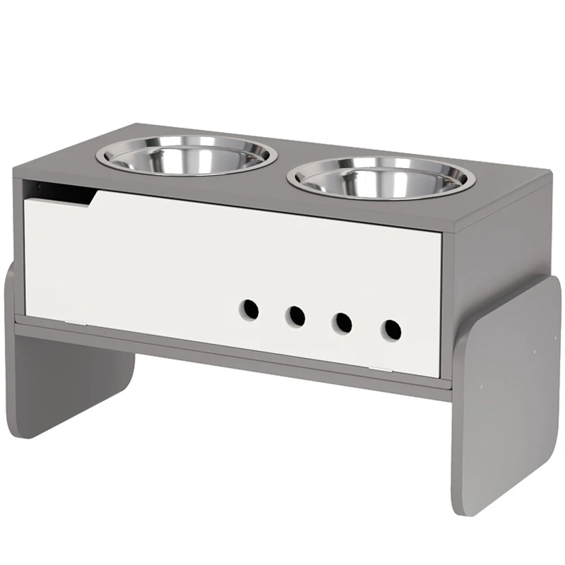 PawHut 3 Height Adjustable Raised Dog Bowls, Dog Feeding Storage Station w/ Slow Feeder Mat, 2 Stainless Steel Bowls