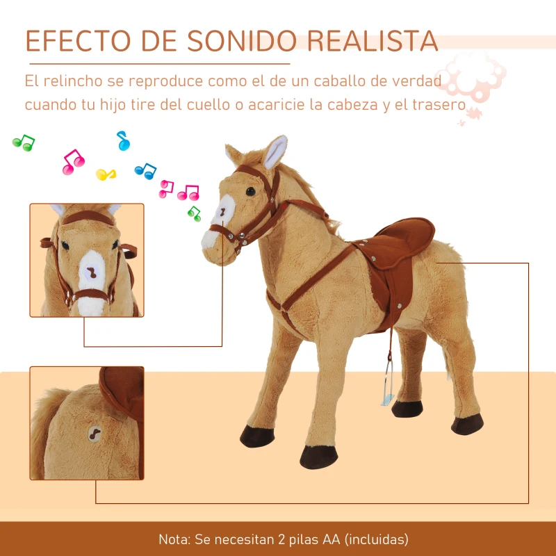 HOMCOM Caballo de Juguete para Niños de +2 Años con Sonidos y Estructura de Metal Carga 60kg 85x28x60 cm Beige