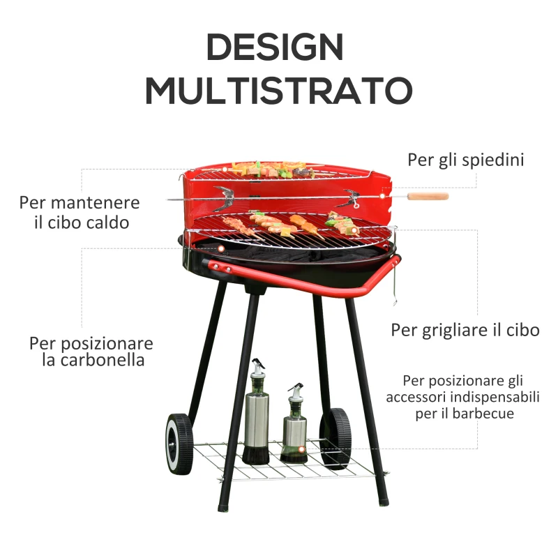 Outsunny Grill BBQ Barbecue a Carbonella Doppia Griglia Regolabile con Ruote Acciaio 51x70x75.5cm Nero e Rosso