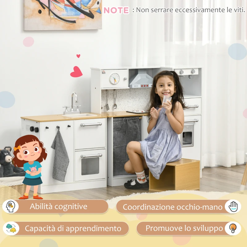 HOMCOM Cucina Giocattolo 2 Pezzi per Bambini 3-6 Anni con Utensili da Cucina, Luci ed Effetti Sonori, in MDF e PP(m-5)