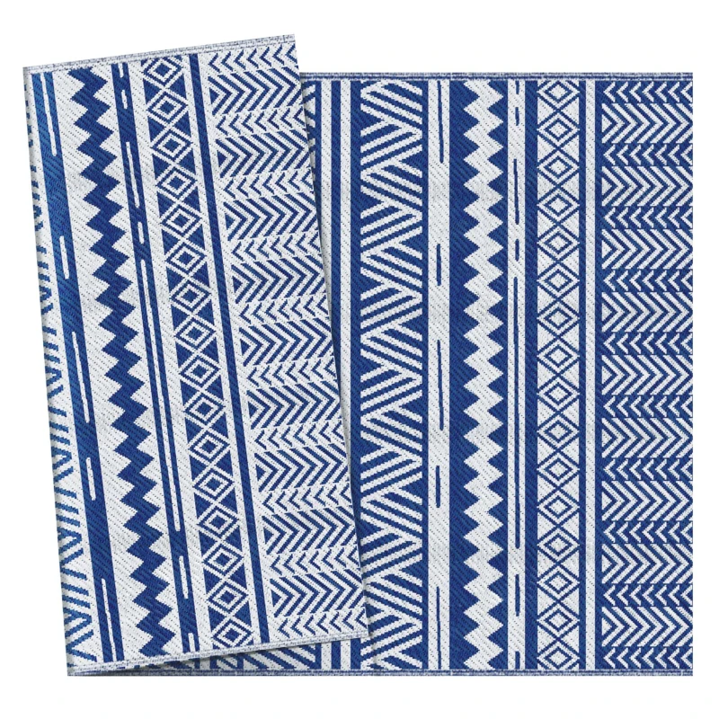 Outsunny Alfombra Reversible 182x274 cm Estilo Moderno para Terraza Balcón Patio Camping Playa Azul Oscuro y Blanco